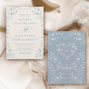 Romantische blaue Blumen-Monogramm-Hochzeit Einladung