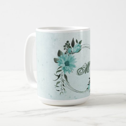romantische blaue Blumen und grüne Blätter Kaffeetasse (Vorderseite Links)