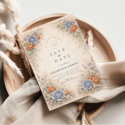Romantische blaue Blumenhochzeit Save The Date