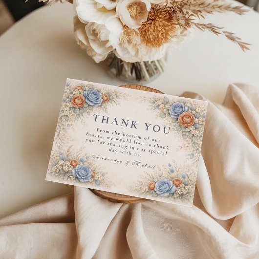 Romantische blaue florale Hochzeit Dankeskarte