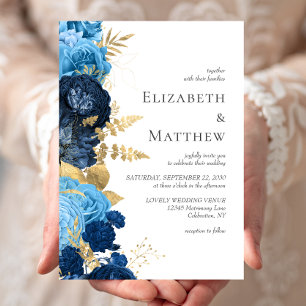 Romantische Blaue Goldene Blumige Hochzeit Einladung