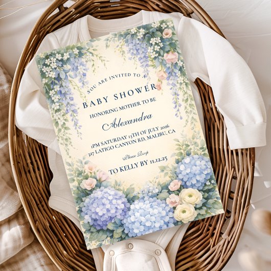 Romantische Blaue Hortensien-Garten-Baby-Party Einladung