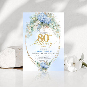 Romantische Blaue Hortensien Gold Blumen 80. Gebur Einladung