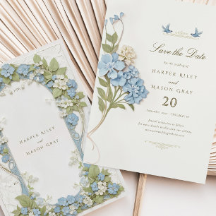 Romantische blaue Hortensien Save-the-Date Hochzei Einladung