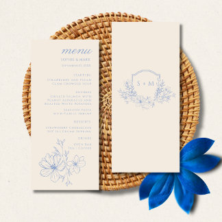Romantische blaue Monogramm-Wappen-Blumen-Hochzeit Menükarte