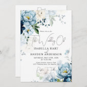 Romantische Blaue Navy Floral All in 1 QR Code Hoc Einladung (Vorne/Hinten)