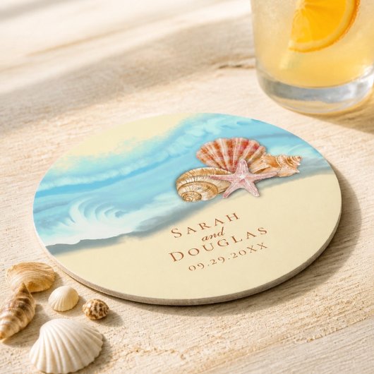 Romantische blaue Ozeanwelle & Muscheln Hochzeit Runder Pappuntersetzer