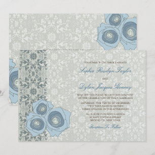 Romantische Blaue Rose Damask Highlights Hochzeit Einladung