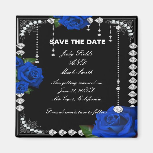 Romantische blaue Rose und Diamanten Save the Date Magnet (Vorne)