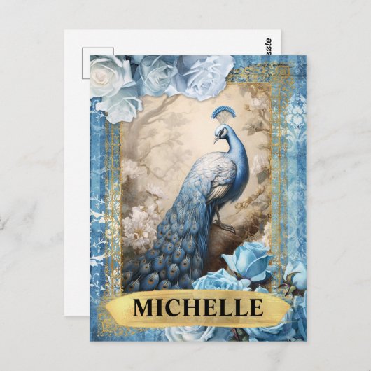 Romantische Blaue Rose und Pfauenfantasy Postkarte (Vorne/Hinten)