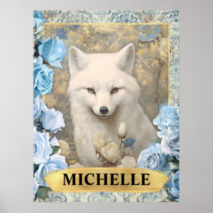 Romantische blaue Rose und weiße Fox-Fantasie Poster