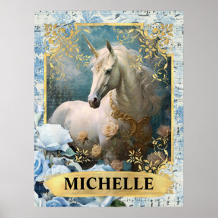 Romantische blaue Rosen und Einhorn-Fantasie Poster