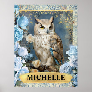 Romantische blaue Rosen und Eulen-Fantasie Poster