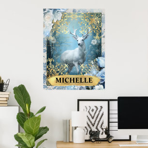 Romantische blaue Rosen und Hirsch-Fantasie Poster