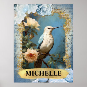 Romantische blaue Rosen und Kolibri-Fantasie Poster