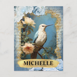 Romantische blaue Rosen und Kolibri-Fantasie Postkarte