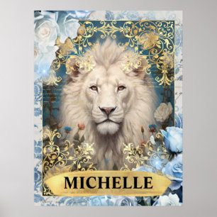 Romantische blaue Rosen und Löwen-Fantasie Poster