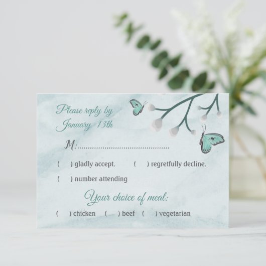 Romantische blaue Schmetterlinge Antwortkarte rsvp (Stehend Vorderseite)