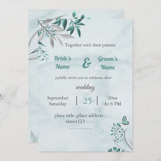 Romantische blaue Schmetterlingskarte Blätter Blüh Einladung (Vorne/Hinten)