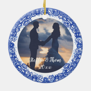 Romantische Blaue und Weiße Wildvögel Hochzeit v Keramik Ornament