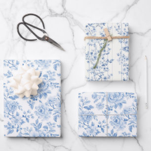 Romantische blaue weiße Blumen Brautparty Geschenkpapier Set
