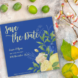 Romantische Blauen Floralen & Lemon Save the Date Magnetkarte