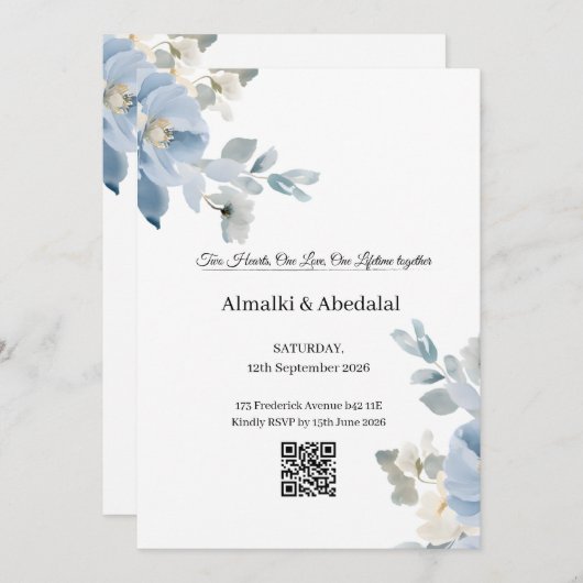 Romantische Blauer und Weiße Blume Einladung Hochz (Vorne/Hinten)