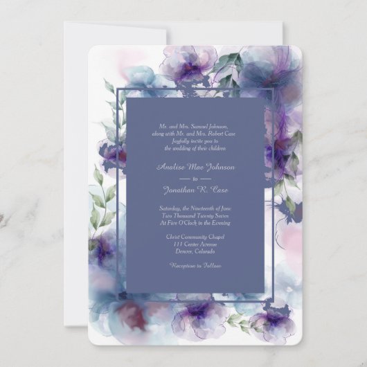 Romantische Blaufarbenflorale Hochzeit Einladung (Vorderseite)