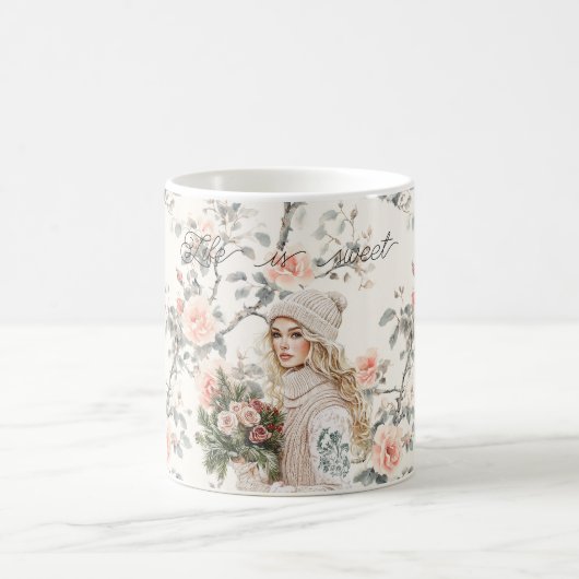 Romantische Blondhaar-Dame Pfirsichrosen Floral Kaffeetasse (Mittel)