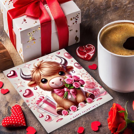 Romantische Blooms Hochland Kuh Valentine Feiertagskarte