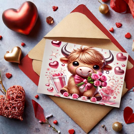 Romantische Blooms Hochland Kuh Valentine Feiertagspostkarte