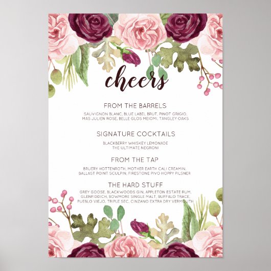 Romantische Blooms Wedding Bar Menu Poster (Vorne)
