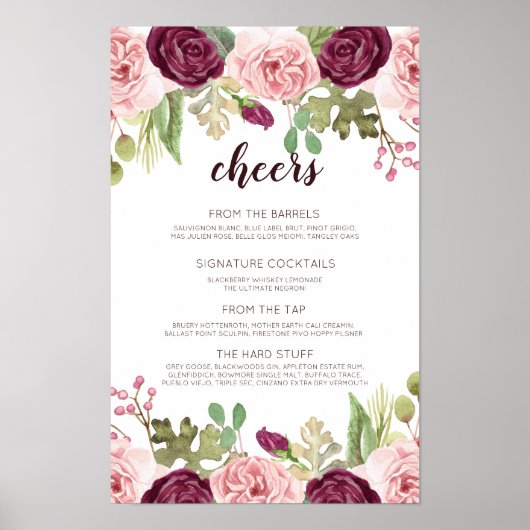 Romantische Blooms Wedding Bar Menu Poster (Vorne)