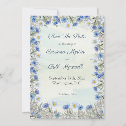 Romantische Blue Floral Save the Date Card Einladung (Vorderseite)