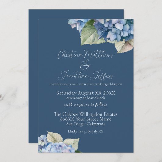 Romantische Blue Hydrangea-Blume zur Marine Einladung (Vorne/Hinten)