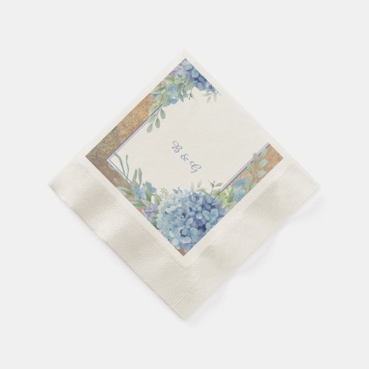 Romantische Blue Hydrangea Monogram Hochzeit Serviette (Ecke)