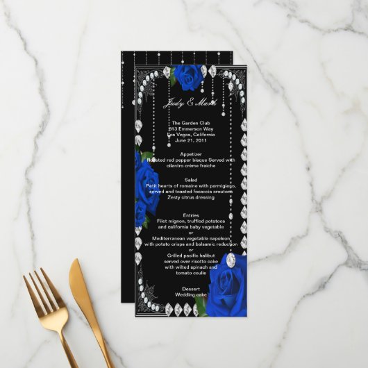 Romantische Blue Rose und Diamonds Wedding Menu Ca Menükarte (Vorderseite/Rückseite Beispiel)