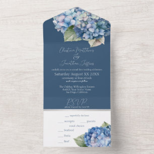Romantische Blue Watercolor Hydrangea-Blume auf de All In One Einladung
