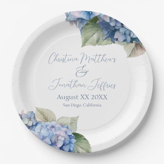 Romantische Blue Watercolor Hydrangea-Blume Pappteller (Vorderseite)