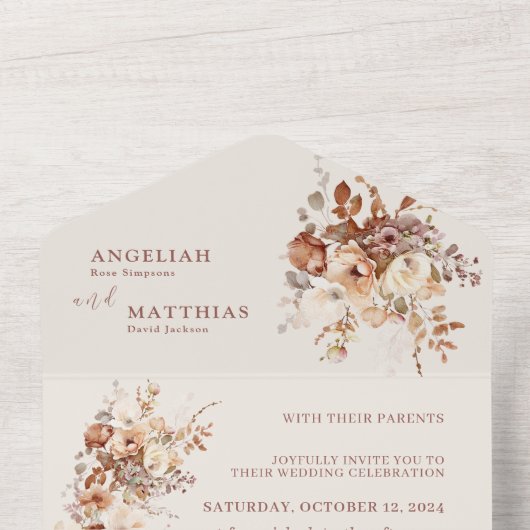 Romantische Blume auf einfachem Feld Hochzeit All In One Einladung (Innen Oben)