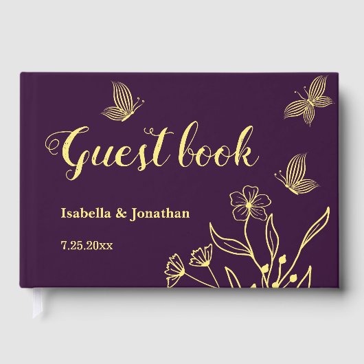 Romantische Blume aus Gold lila Hochzeit Gästebuch (Vorderseite)