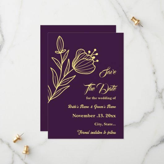 Romantische Blume aus Gold lila Hochzeit Save The Date (Vorderseite/Rückseite Beispiel)
