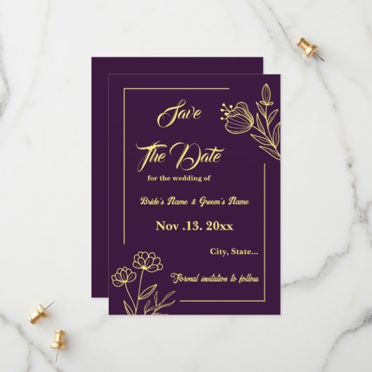 Romantische Blume aus Gold lila Hochzeit Save The Date (Vorderseite/Rückseite Beispiel)