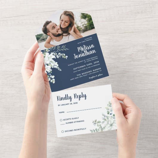 Romantische Blume Blau Foto Hochzeit All In One Einladung (Abreißen)