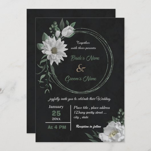 Romantische Blume botanische Schwarze Hochzeit Einladung (Vorne/Hinten)