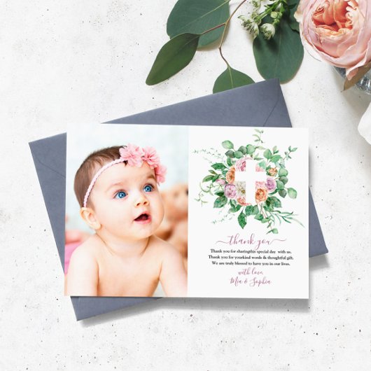 Romantische Blume & Foto Taufe Danke Karte