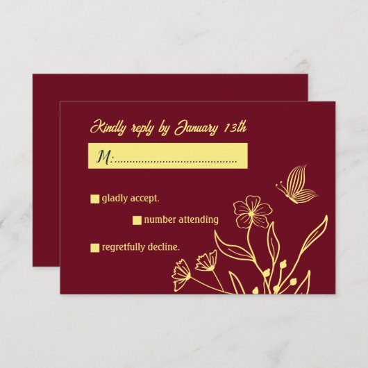 Romantische Blume goldfarben burgundische Hochzeit RSVP Karte (Vorne/Hinten)