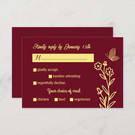 Romantische Blume goldfarben burgundische Hochzeit RSVP Karte (Vorne/Hinten)