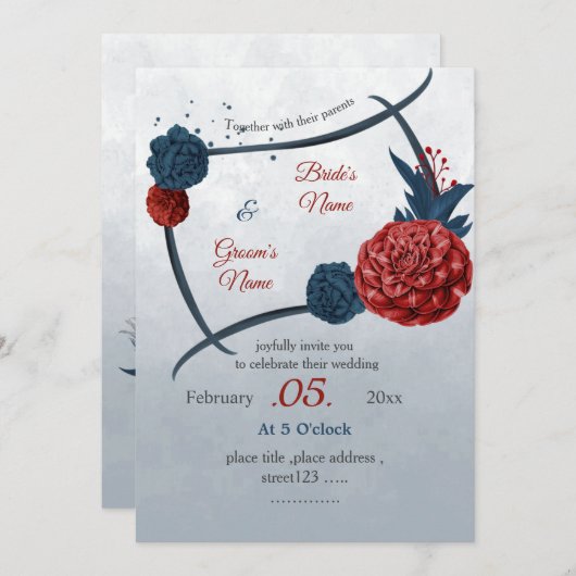 romantische Blume Hochzeit der Marine und Bordeaux Einladung (Vorne/Hinten)