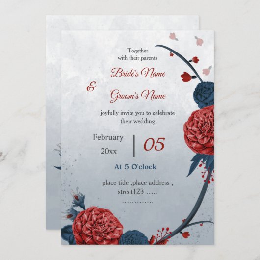 romantische Blume Hochzeit der Marine und Bordeaux Einladung (Vorne/Hinten)